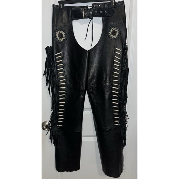 Black Leather Vest 20" & Chaps Adjustable Fringe Beads Trible Look Embellished - Picture 11 of 16